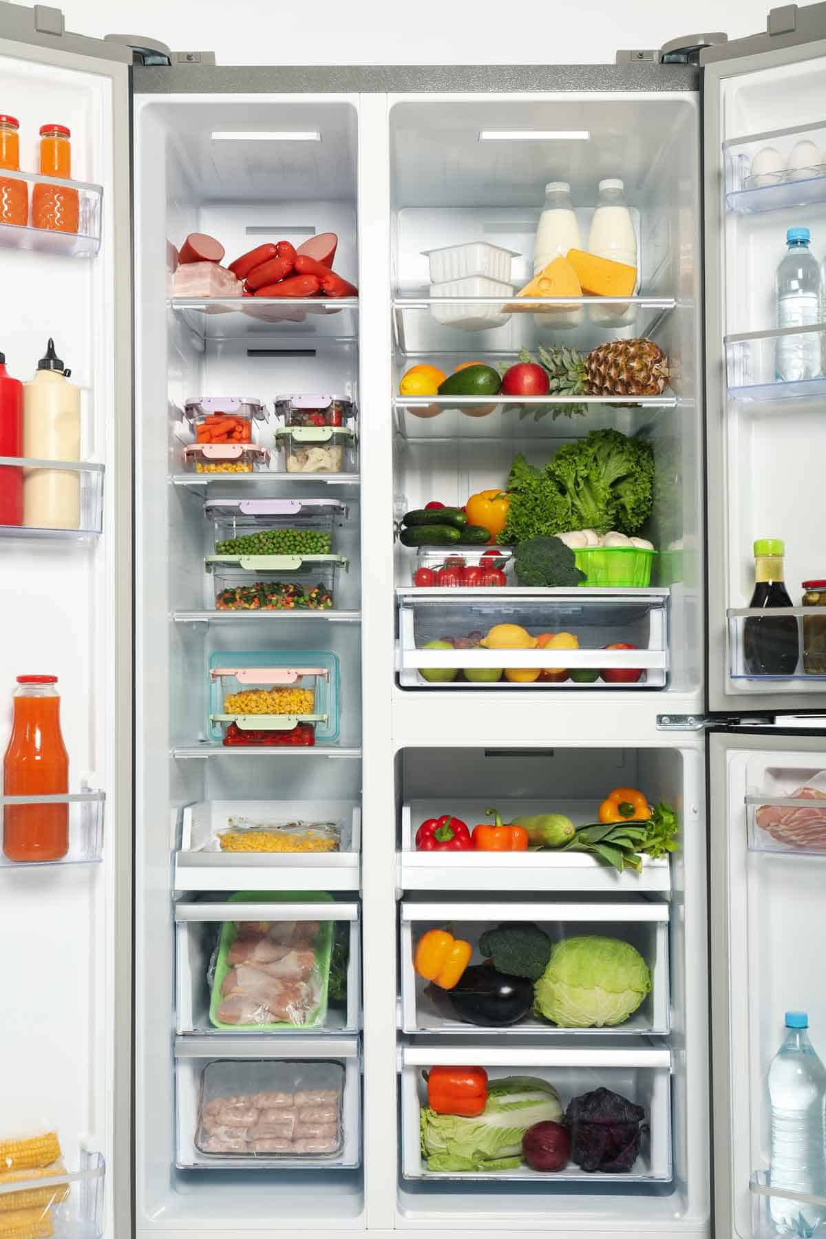 A refrigerator with food, including chicken salad leftovers.