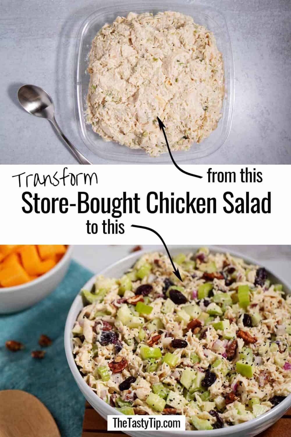 Plastic container of store-bought chicken salad and another bowl with ingredients added to jazz it up.