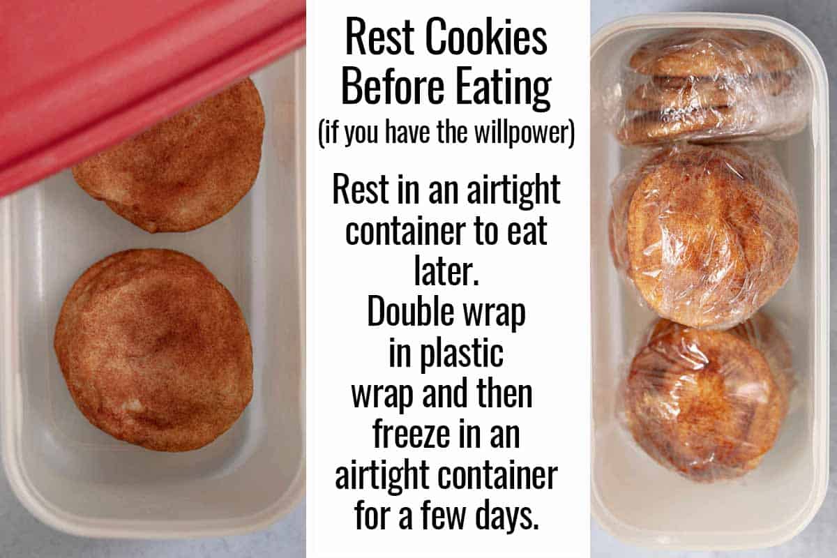 Side by side photos showing snickerdoodle cookies in one airtight container next to an airtight container with cookies wrapped in plastic wrap.