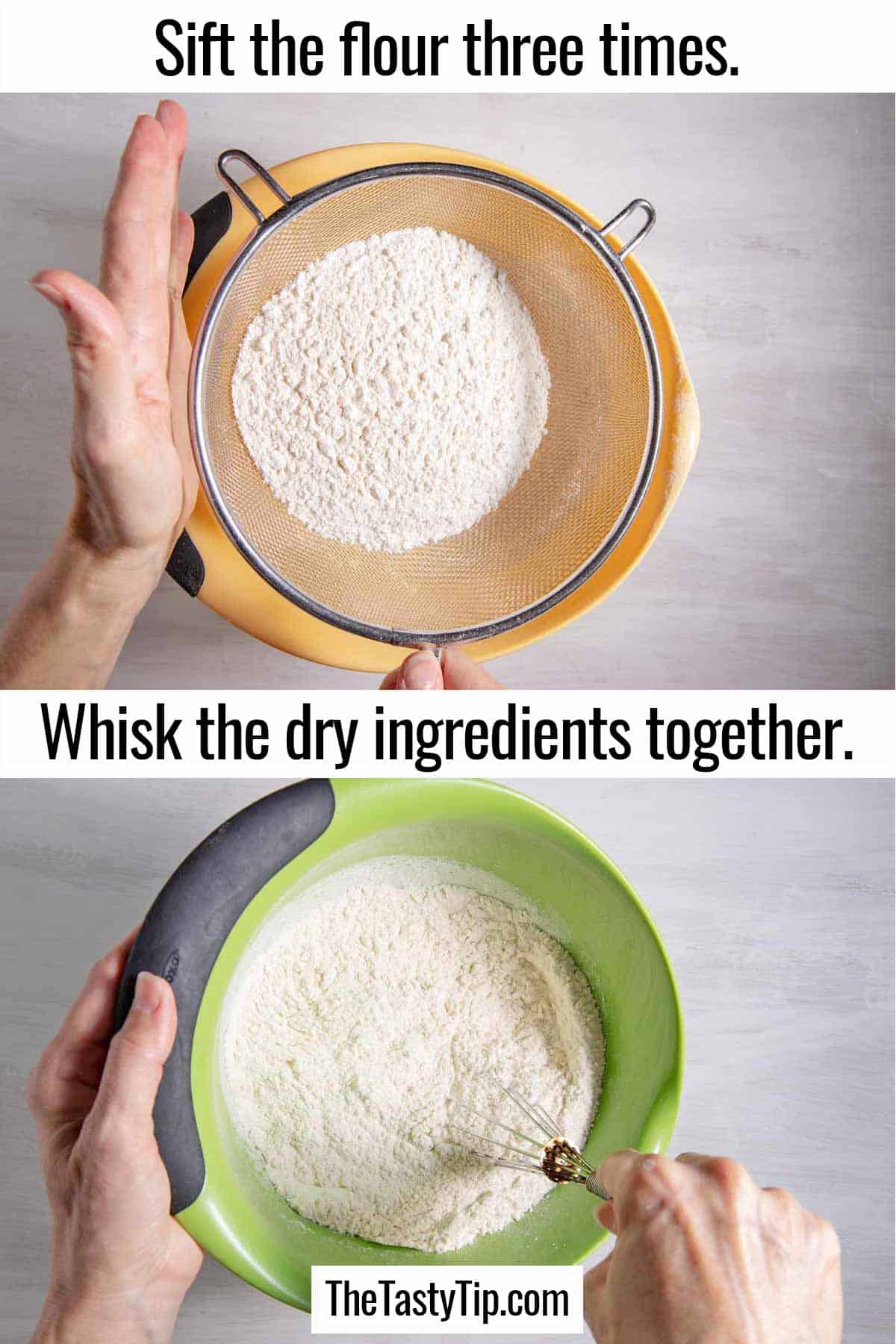 Sifting flour into a bowl and then whisking the dry ingredients together.
