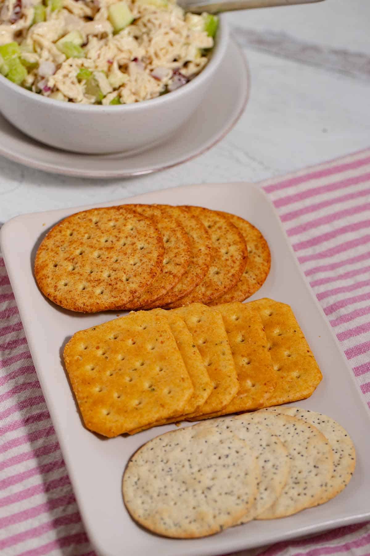 Chicken salad in a bowl to be served with a plate of crackers instead of bread.