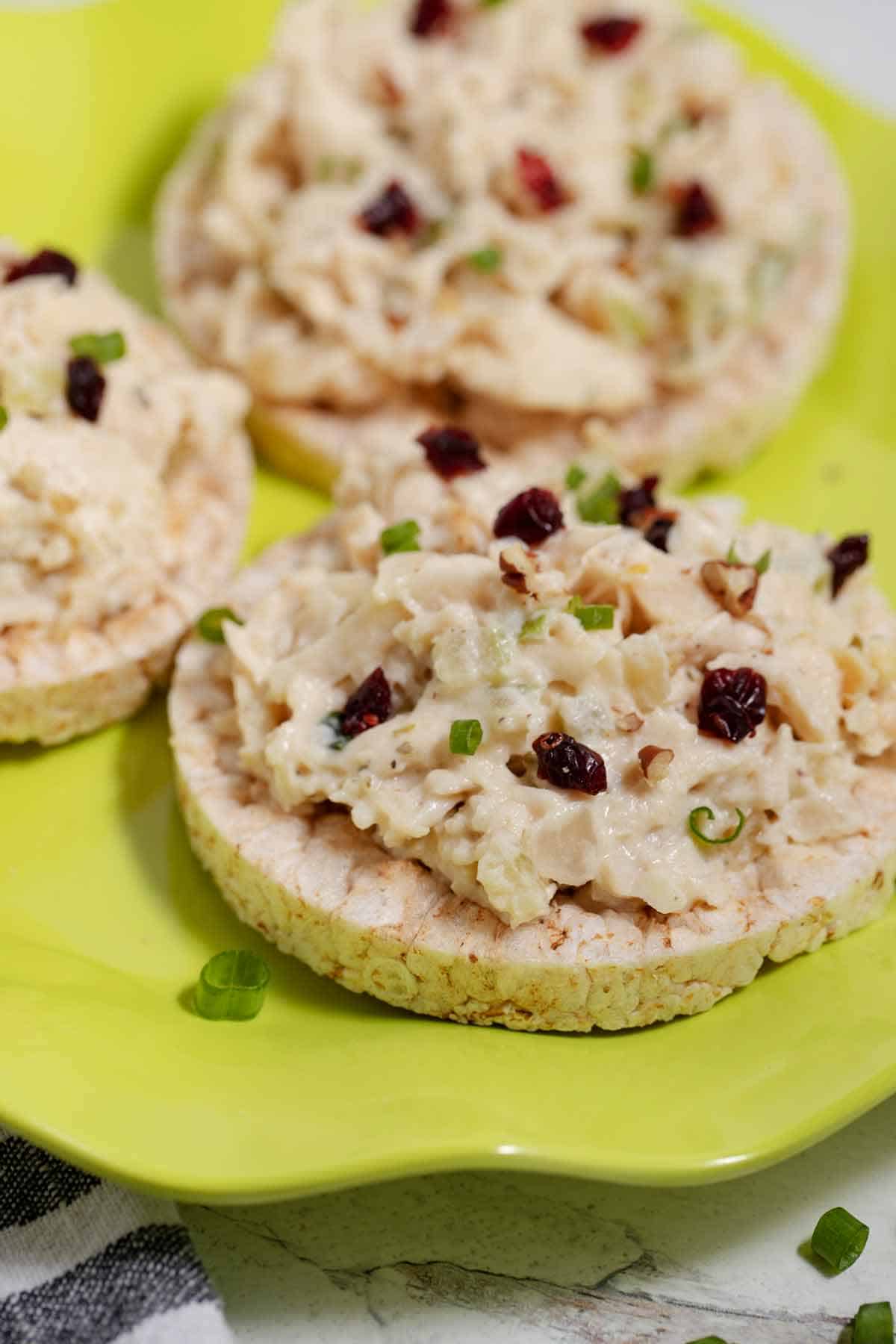 Chicken salad on a rice cake.