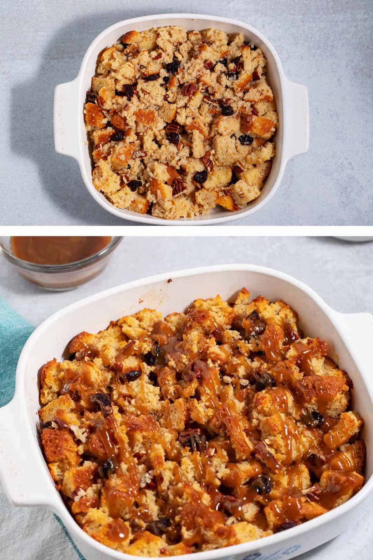 Two photos. One with raw cake bread pudding ready for the oven. The other is cake bread pudding finished baking.