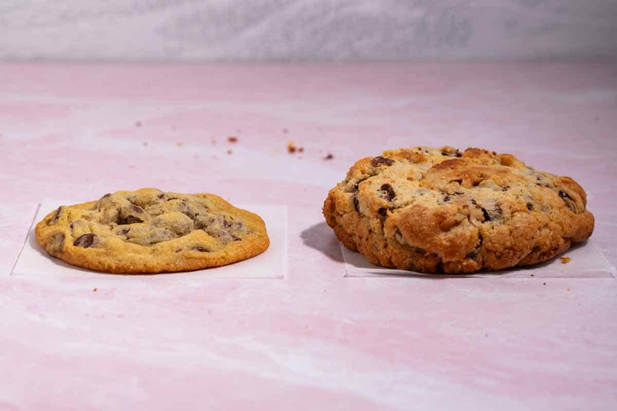 Side-by-side comparison of a homemade cookie and a thick bakery-style cookie.