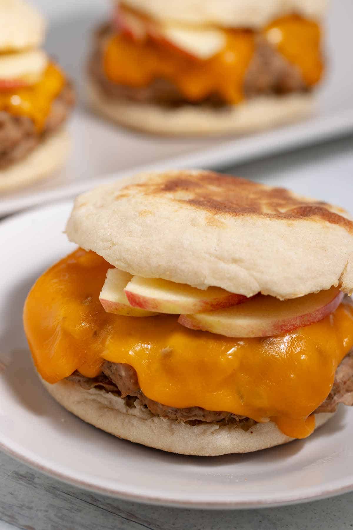 Cheesy turkey burger served on a toasted English muffin.