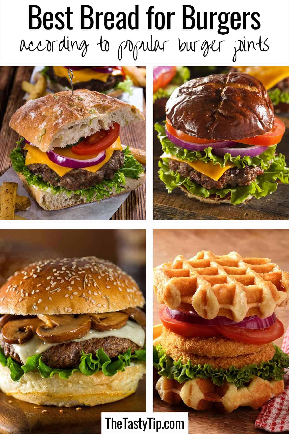 Images of 4 different burgers with different buns.