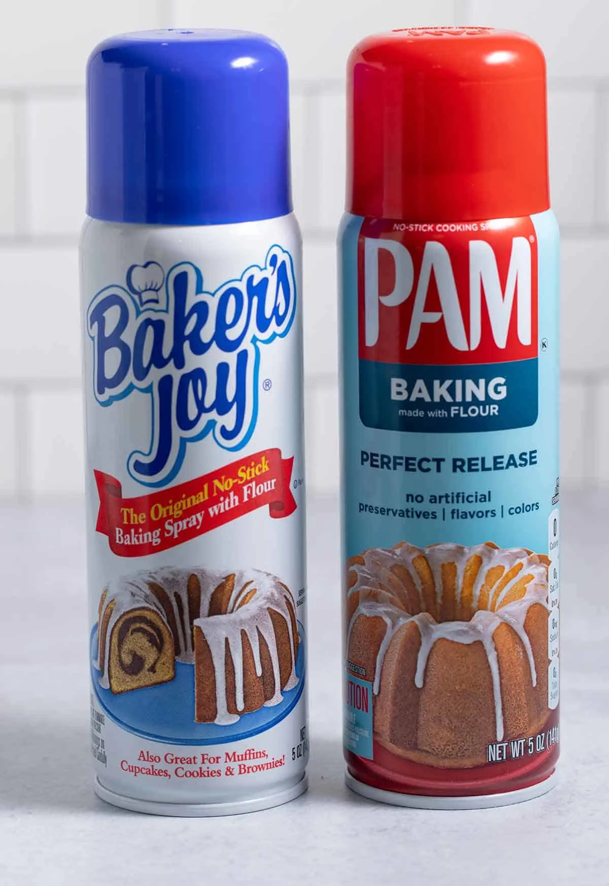 A container of Baker's Joy baking spray next to a bottle of Pam Baking spray made with flour.