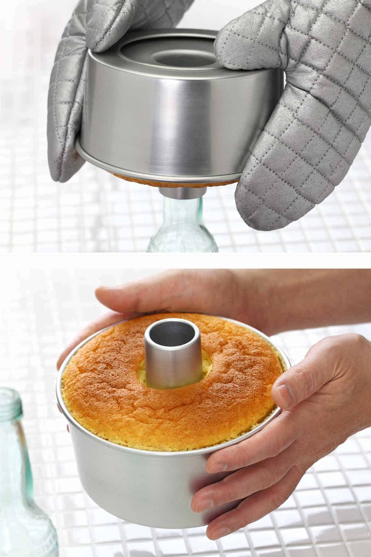 Cooling chiffon cake upside down on top of a glass bottle and then removing it when it is cool.