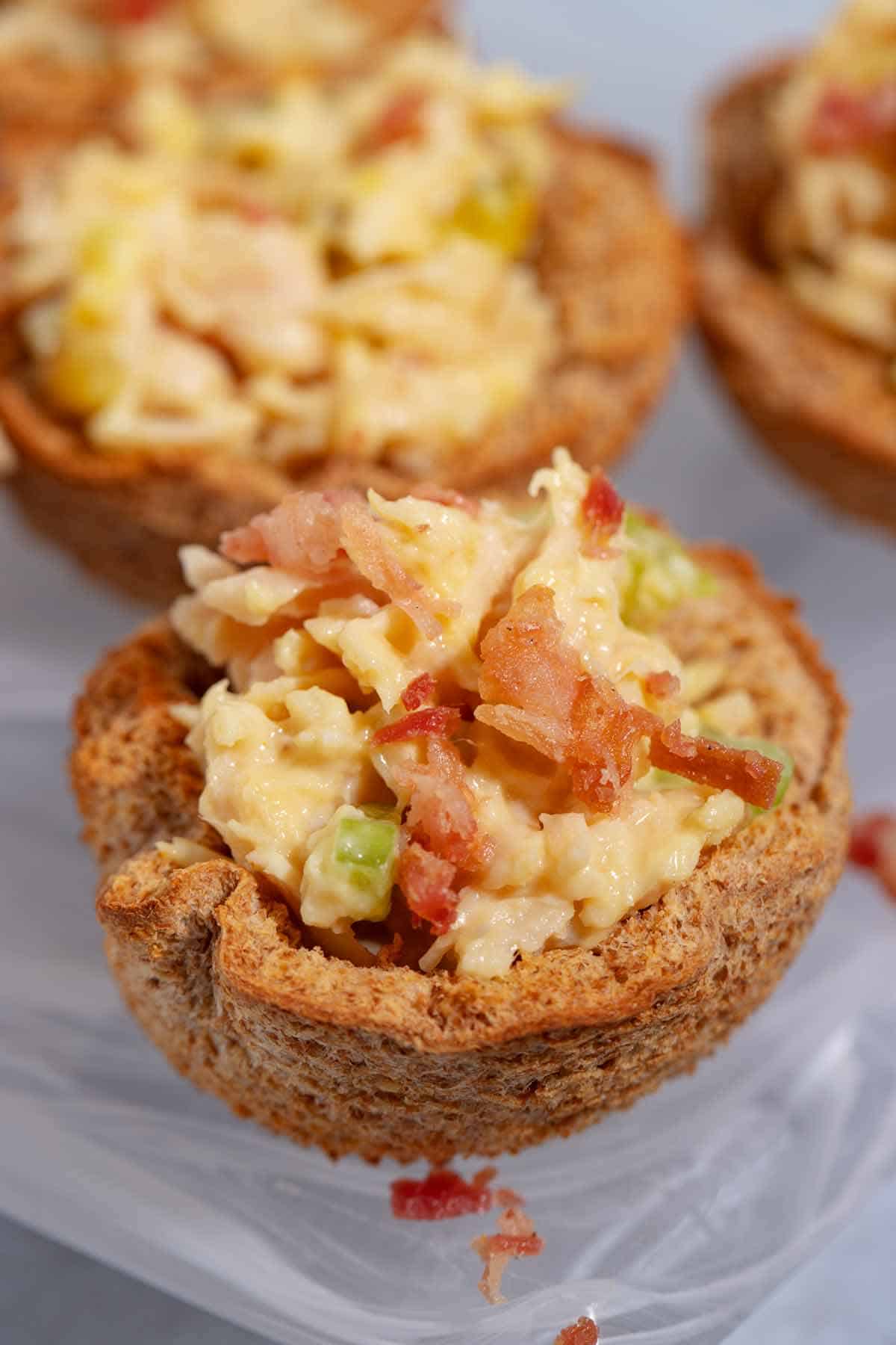 Bread bowl made from a slice of bread toasted in a muffin tin to hold its shape.