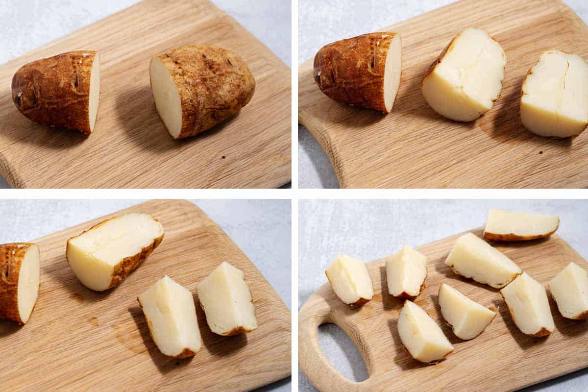 4 pictures showing how to cut large potatoes into 8 wedges.
