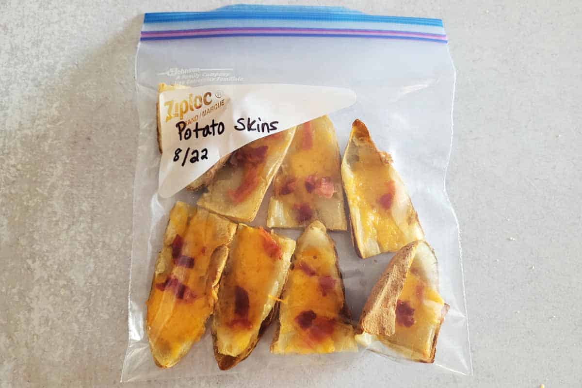 Baked potato skins in a freezer bag.
