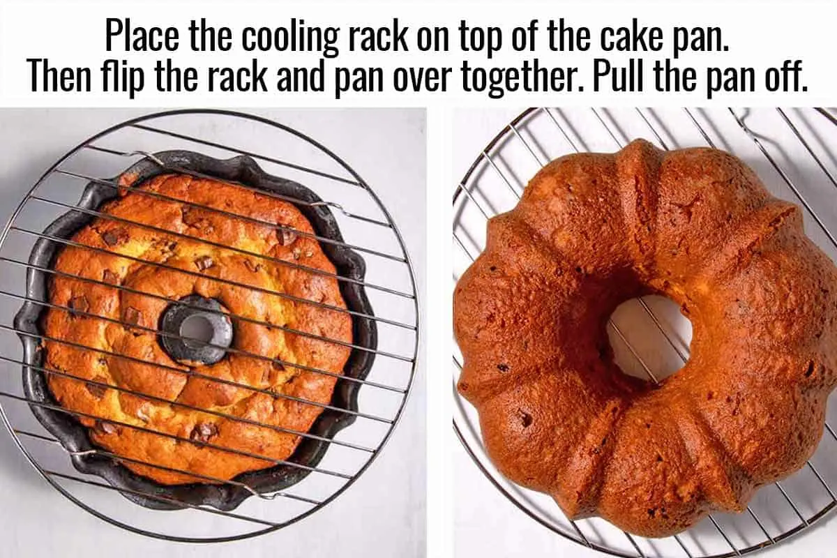 Showing how to flip a cake out of the pan with a cooling rack. Place the cooling rack on top of the cake pan and then flip the pan and cake over at the same time. Then remove the pan from the cake.
