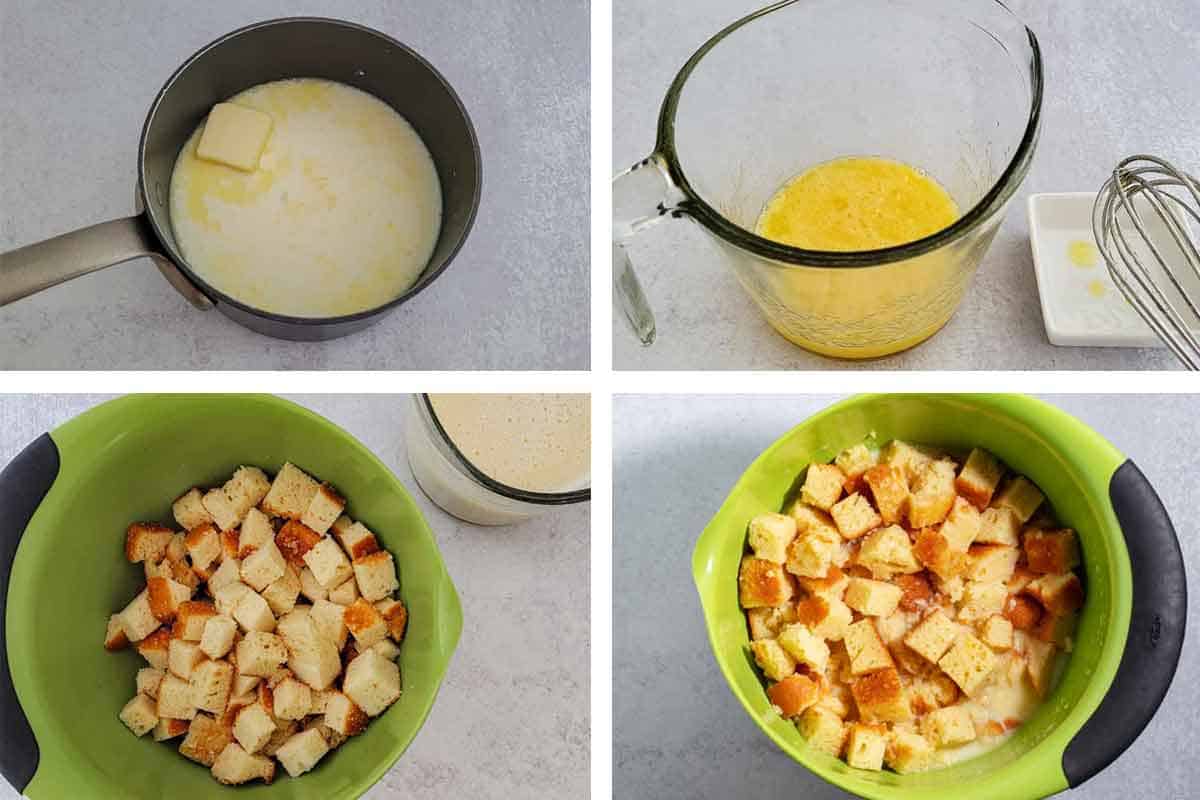 Steps to make leftover cake bread pudding. 1) Heating milk and butter in a saucepan. 2) Whisking eggs and sugar in a liquid measuring cup. 3) Cubed caked cubes in a bowl. 4) Cake cubes with custard sauce poured on top.