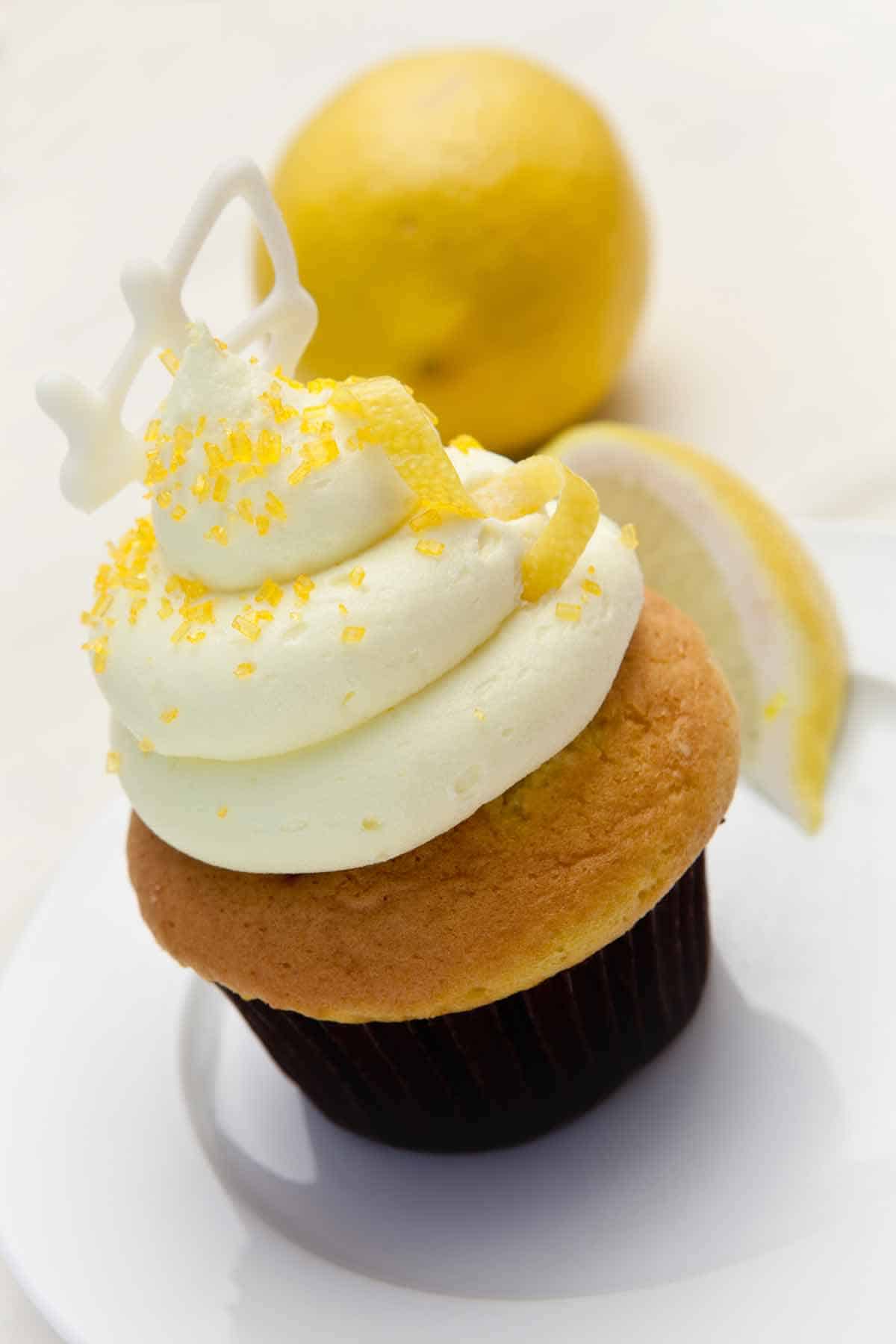 Lemon cupcake filled and frosted with mascarpone.