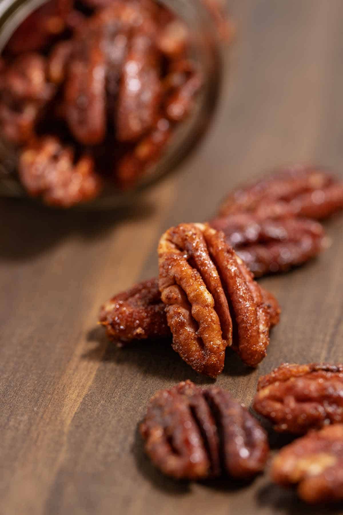 Close up of Trader Joe's copycat sweet and spicy candied pecans.