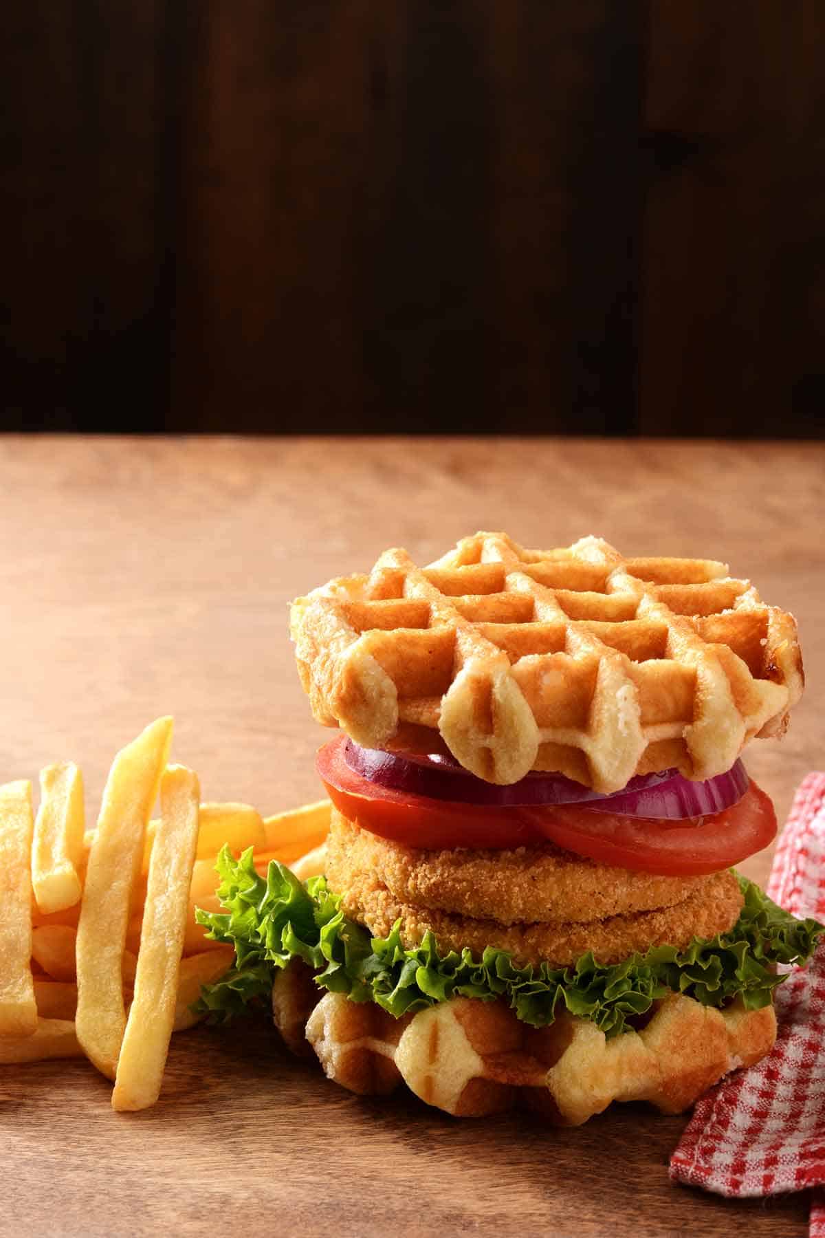 Chicken burger served on a waffle bun with a side of French fries.