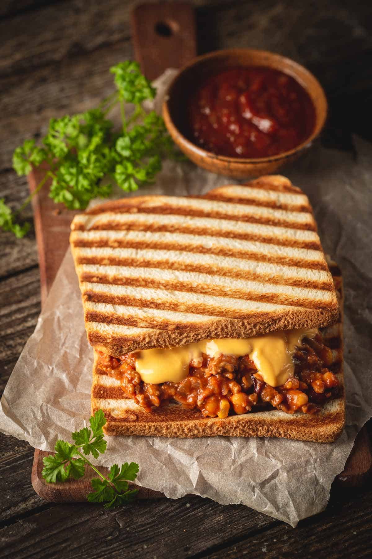 Sourdough sloppy joes grilled cheese sandwich on a sandwich board.