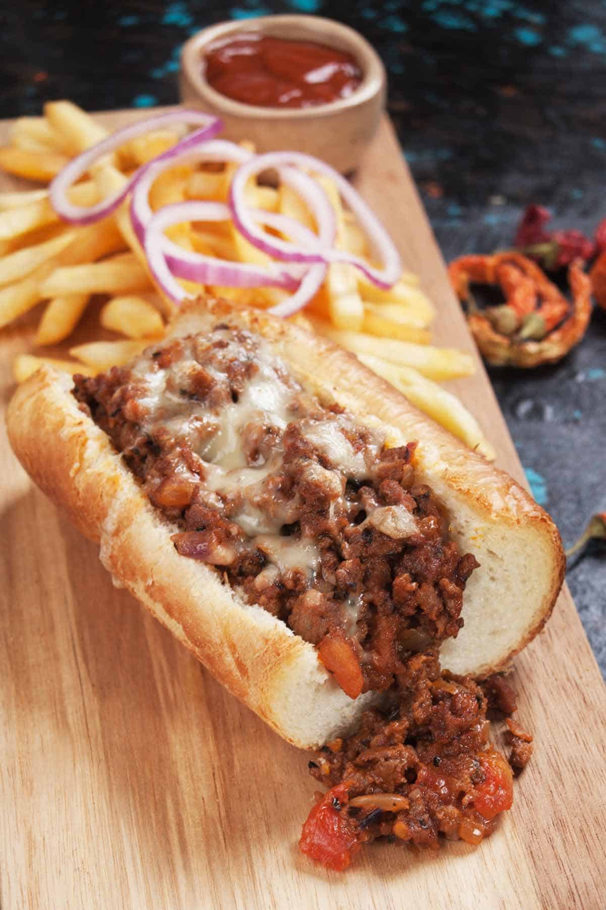 Sloppy joes in a hoagie roll with melted cheese.