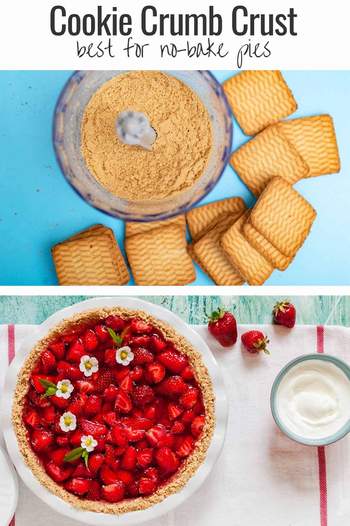 Cookies being made into crumbs in a food processor for a cookie crumb crust and strawberry pie with cookie crumb crust.