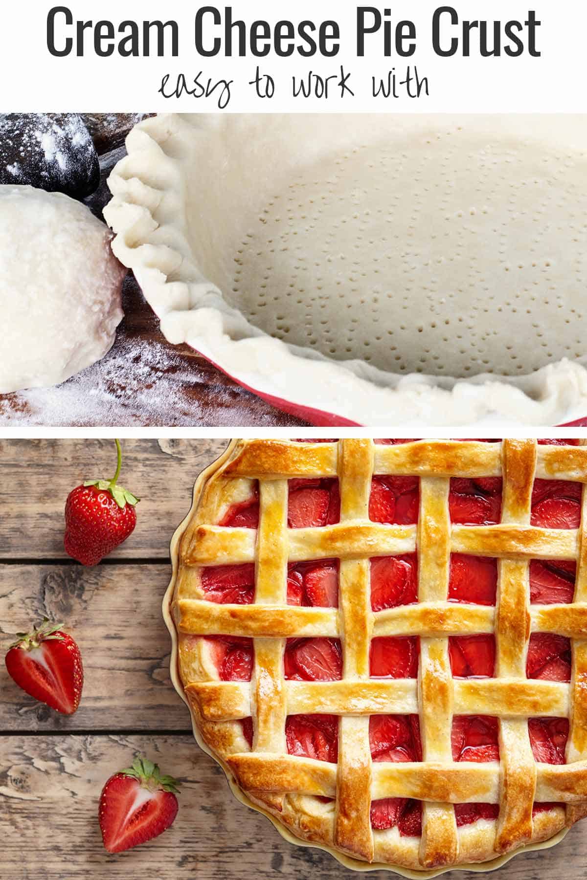 Raw cream cheese pie in a pie tin and a baked strawberry pie with cream cheese crust.