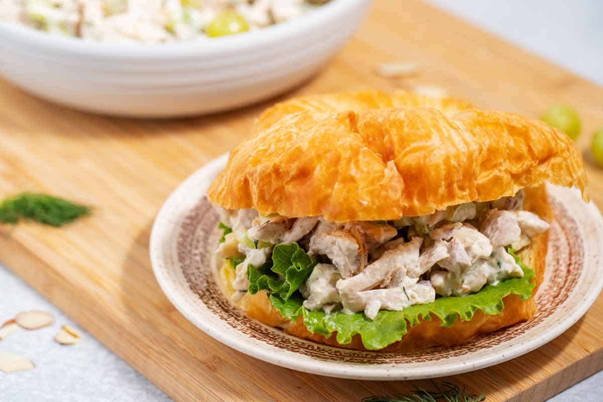 Plate with chicken salad sandwich.