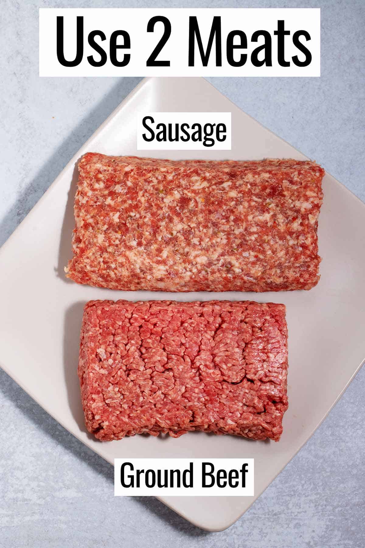 Raw ground sausage and raw hamburger meat on a plate.