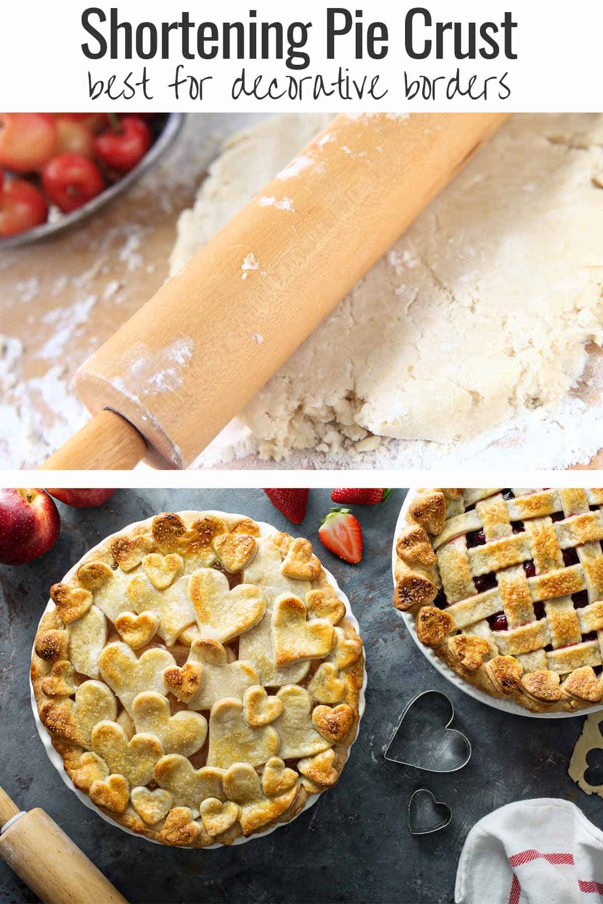 Rolling pin rolling out shortening pie crust. And two baked pies decorated with lattice and hearts made with shortening pie crust.