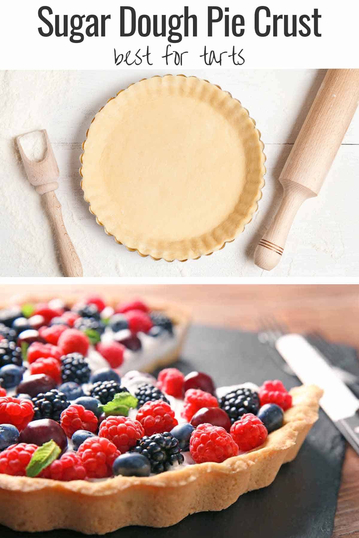 Raw sugar dough pie crust pressed in a pie tin and a sugar dough mixed berry pie tart.