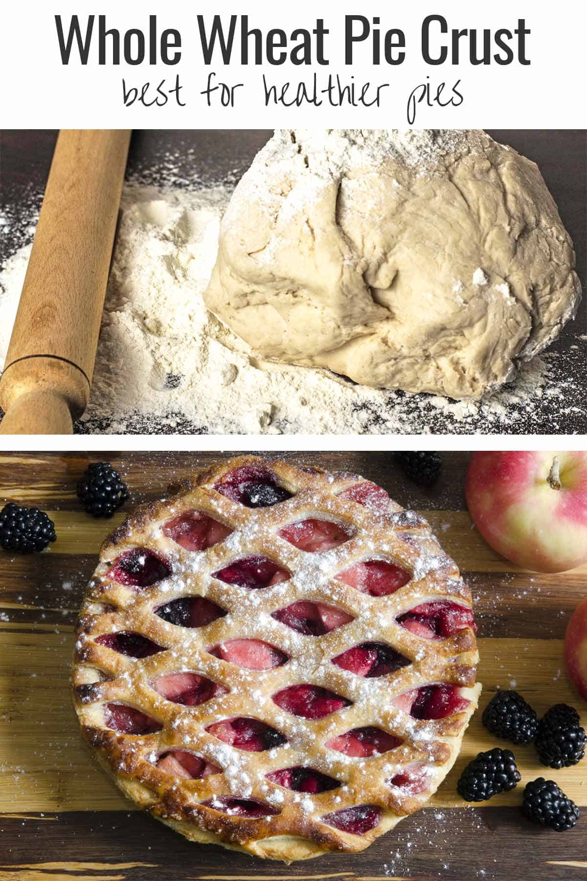 Ball of wheat flour dough and rolling pin and a baked mixed berry pie with whole wheat flour.