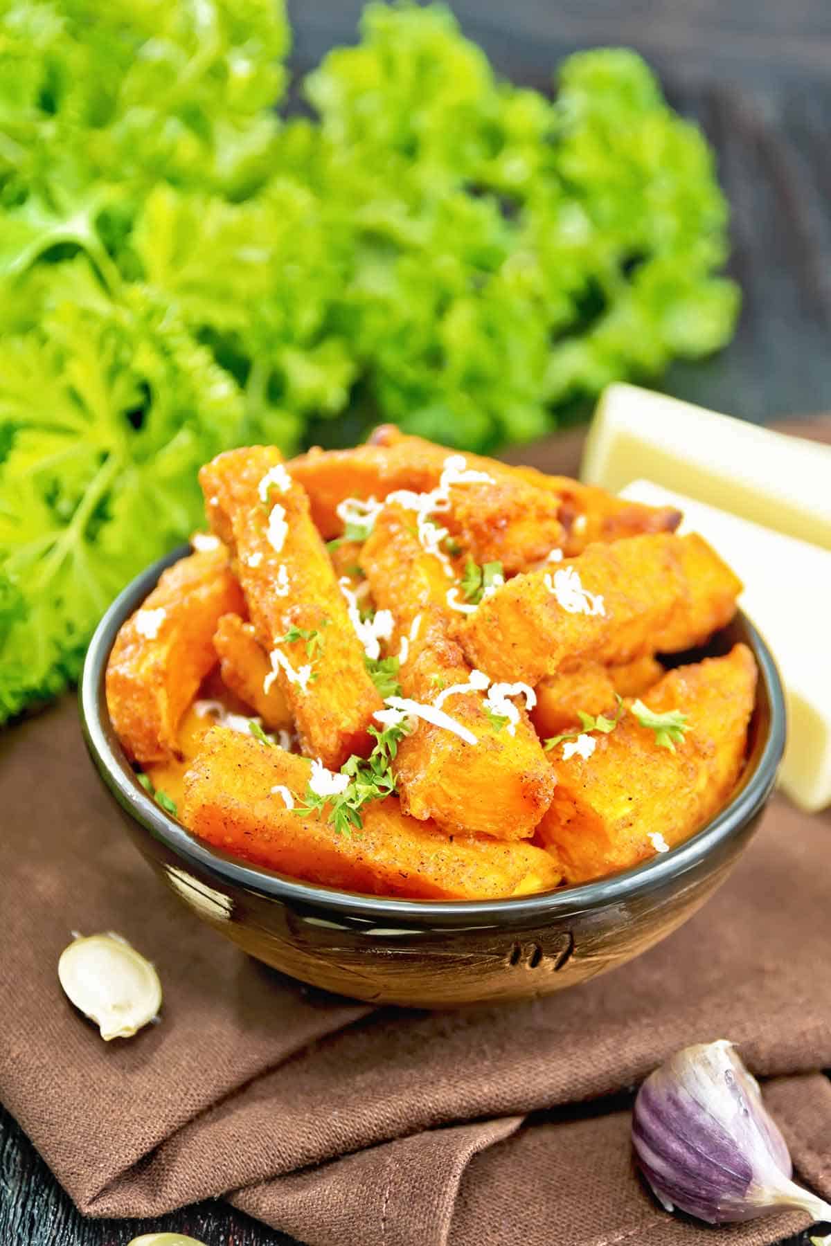 Bowl of air-fried pumpkin.