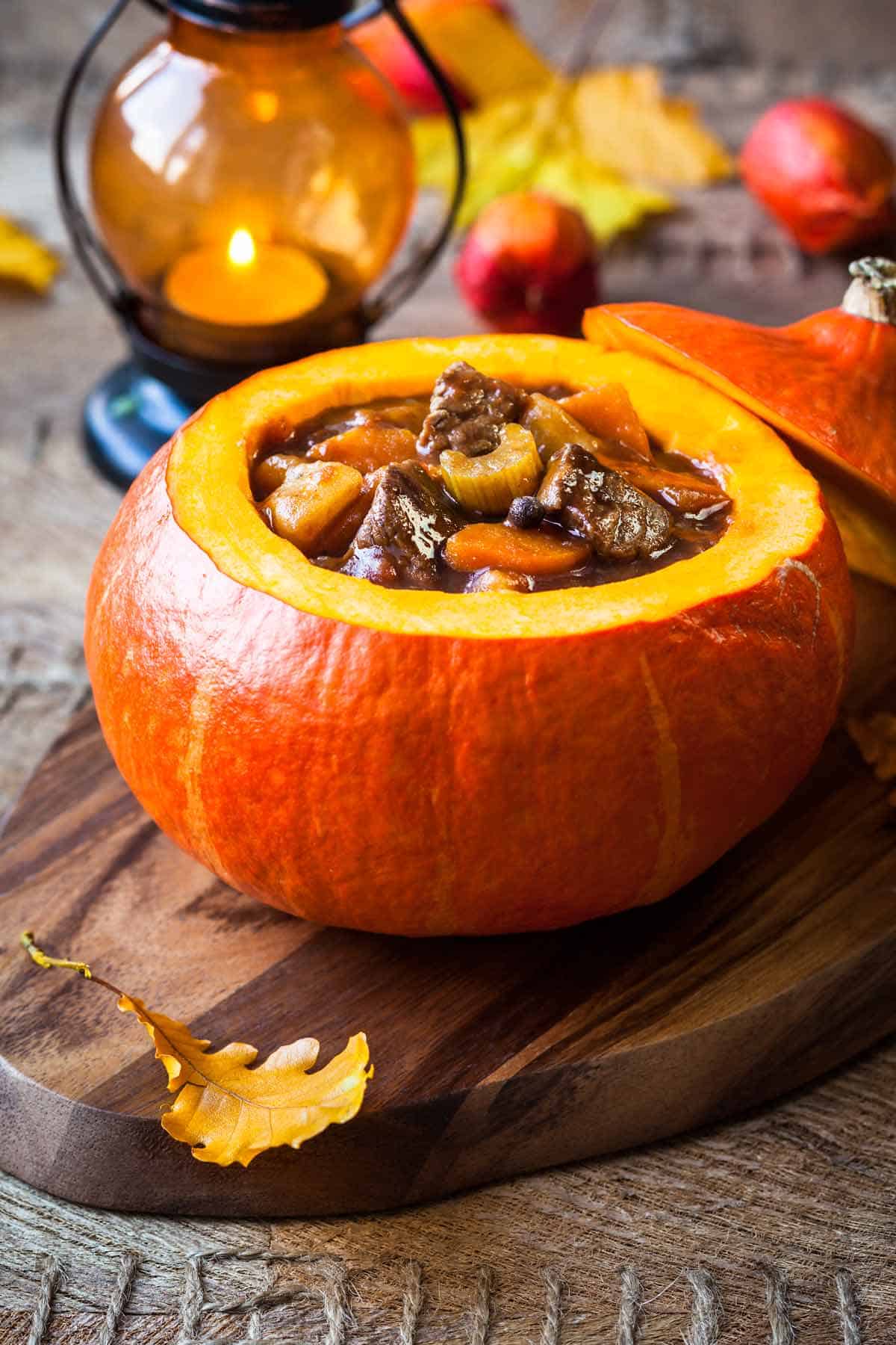 Beef stew in a baked pumpkin.