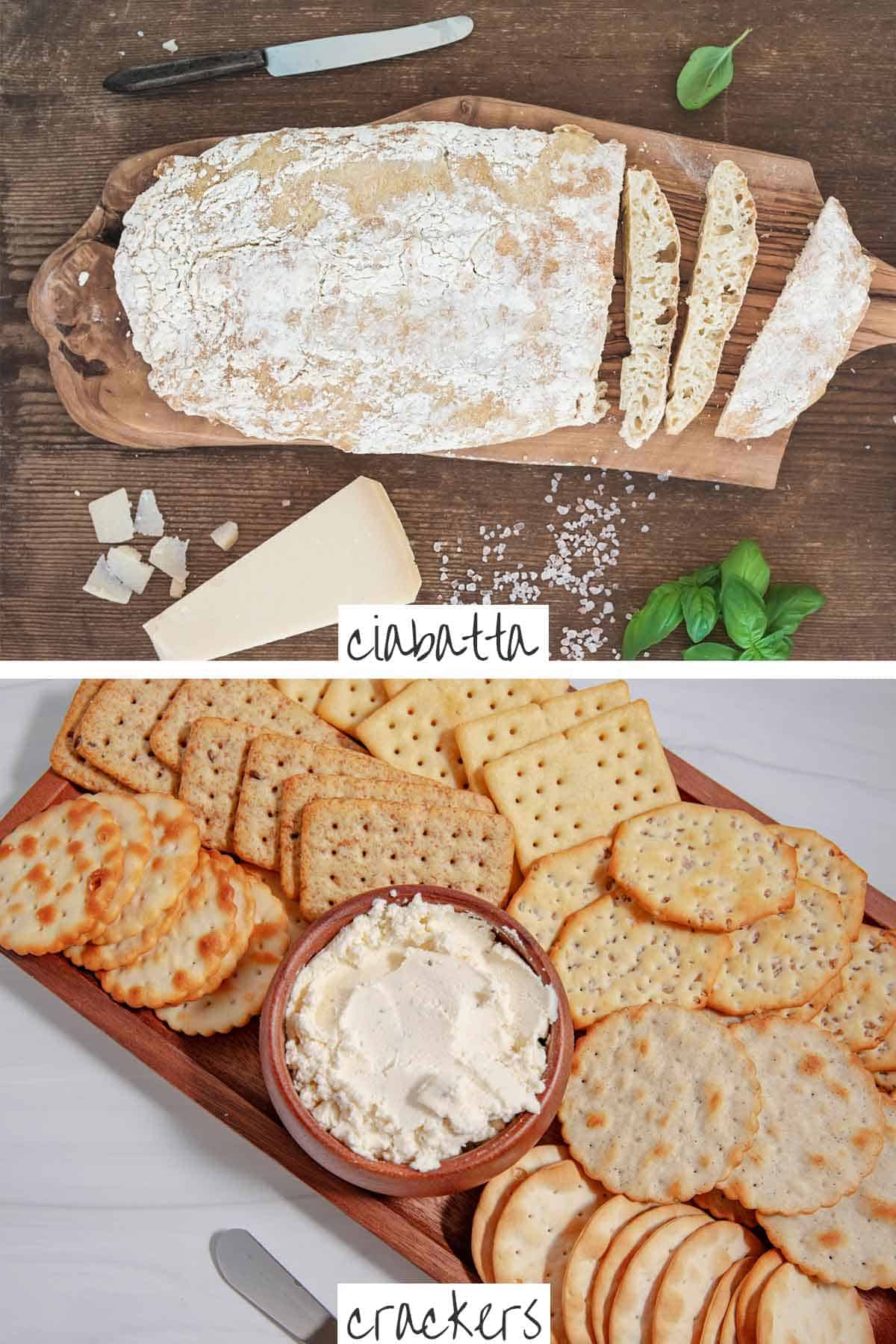 Loaf of ciabatta bread on a cutting board and tray of crackers and cream cheese dip.