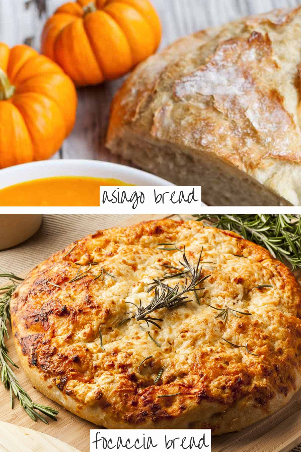 Asiago bread next to pumpkin soup and a breadboard with focaccia bread garnished with rosemary.