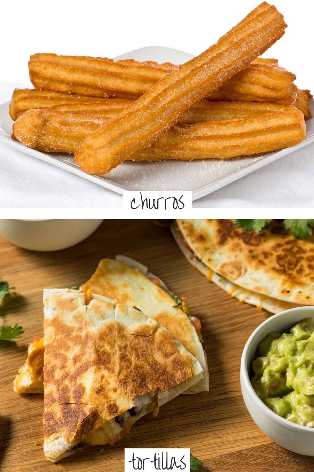 Plate of churros and tortillas made into quesadillas.