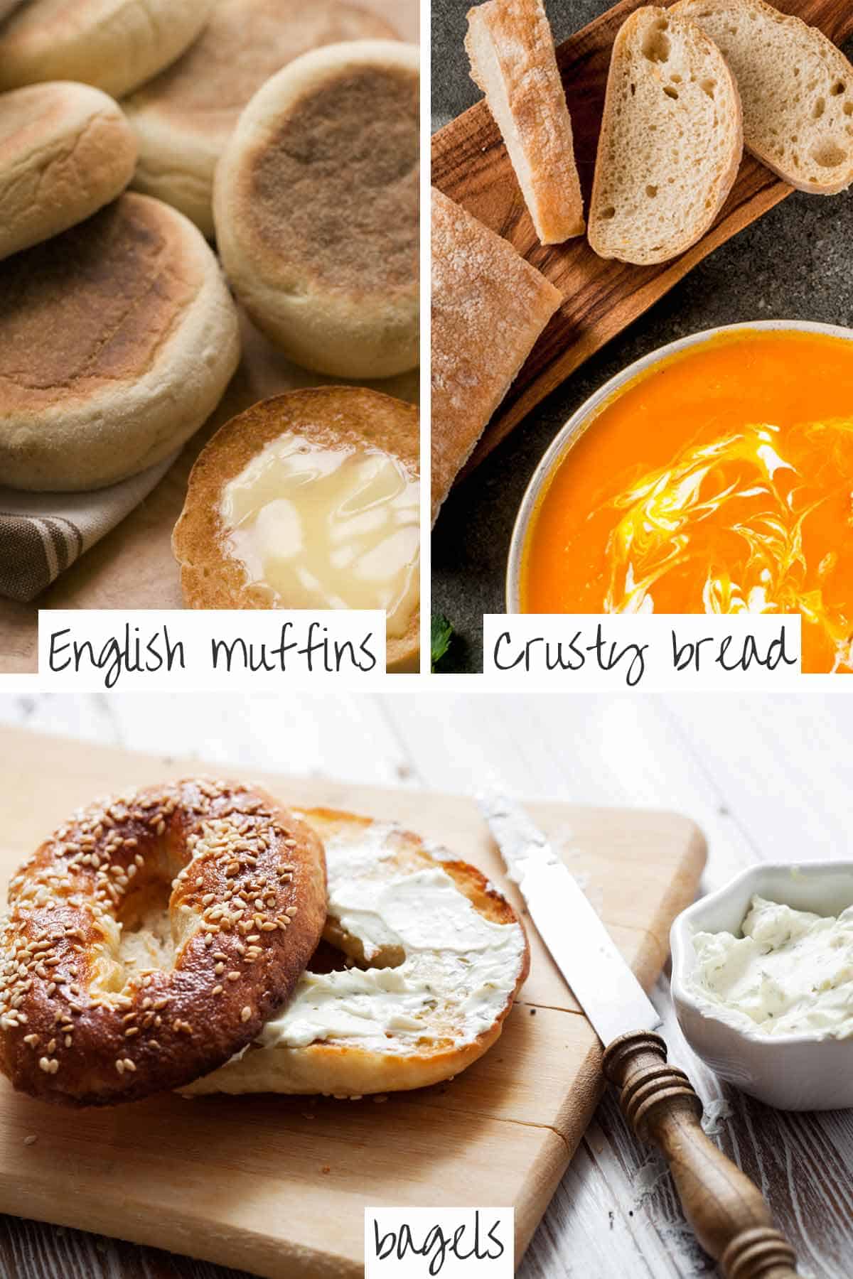 English muffins, crusty bread with pumpkin soup, and a sliced bagel with cream cheese.
