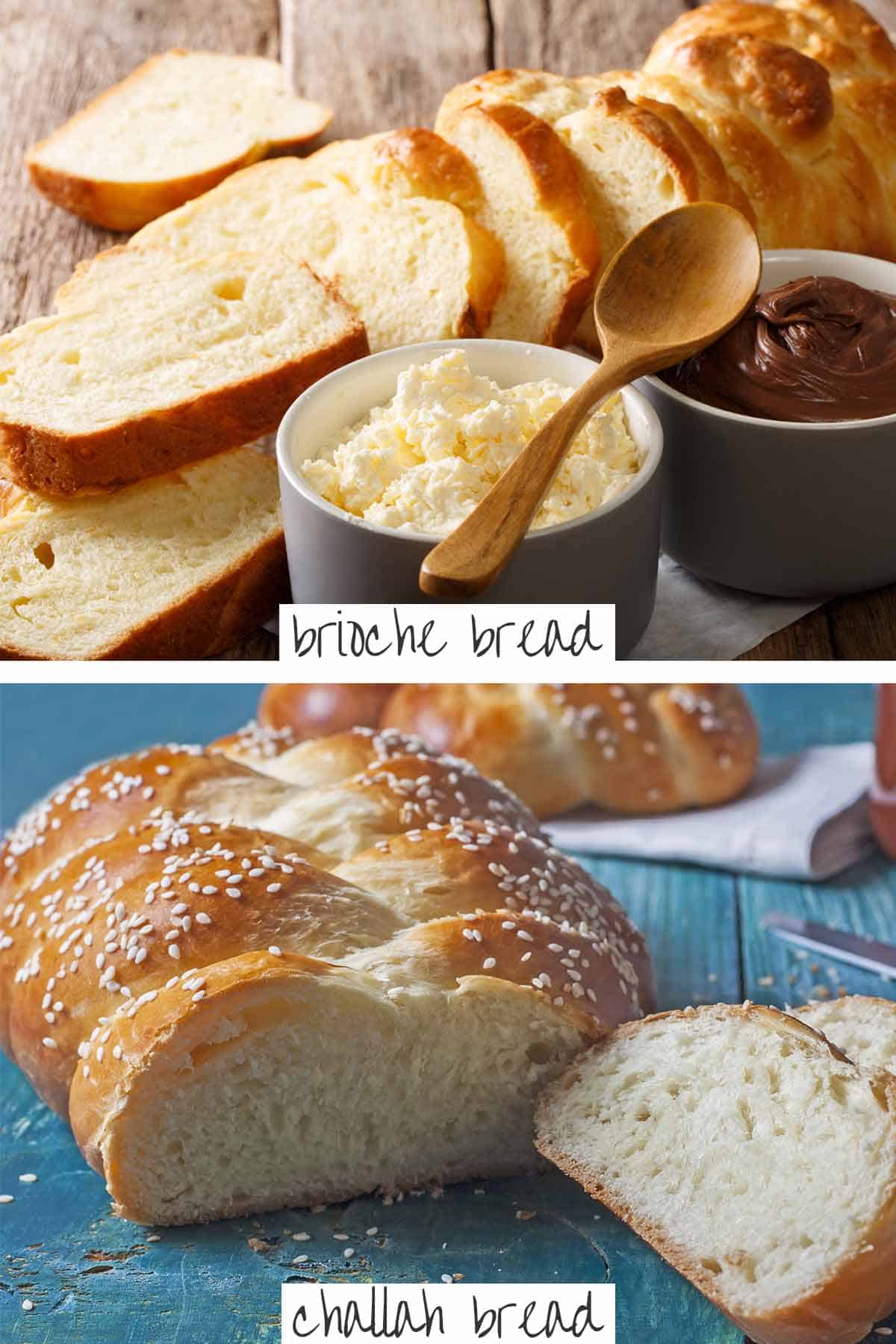 Sliced brioche bread with mascarpone spread and challah bread with sesame seeds.