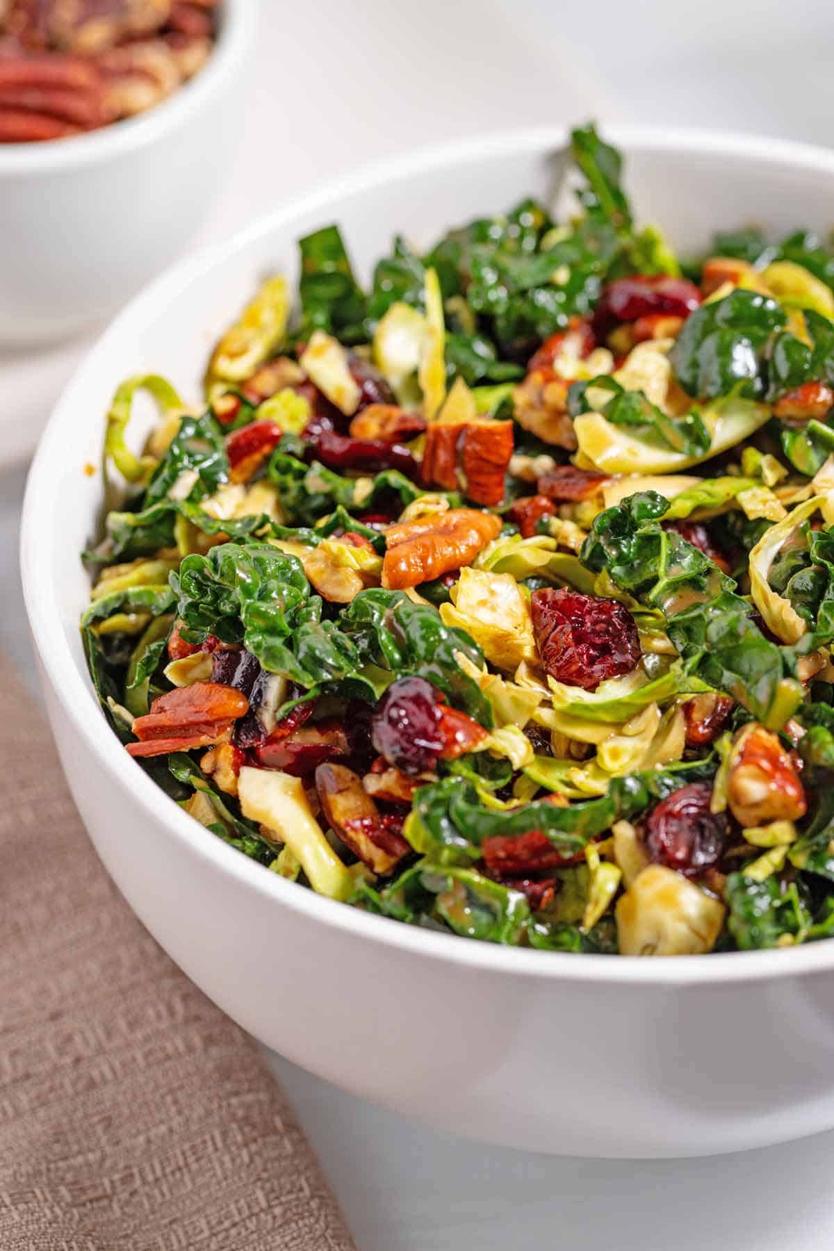 Bowl of kale and Brussels sprouts salad.