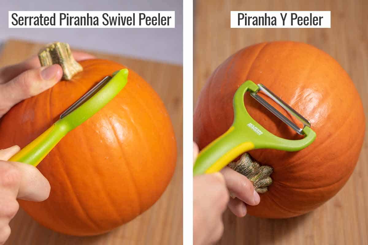 Two pumpkins getting peeled side-by-side with different vegetable peelers.