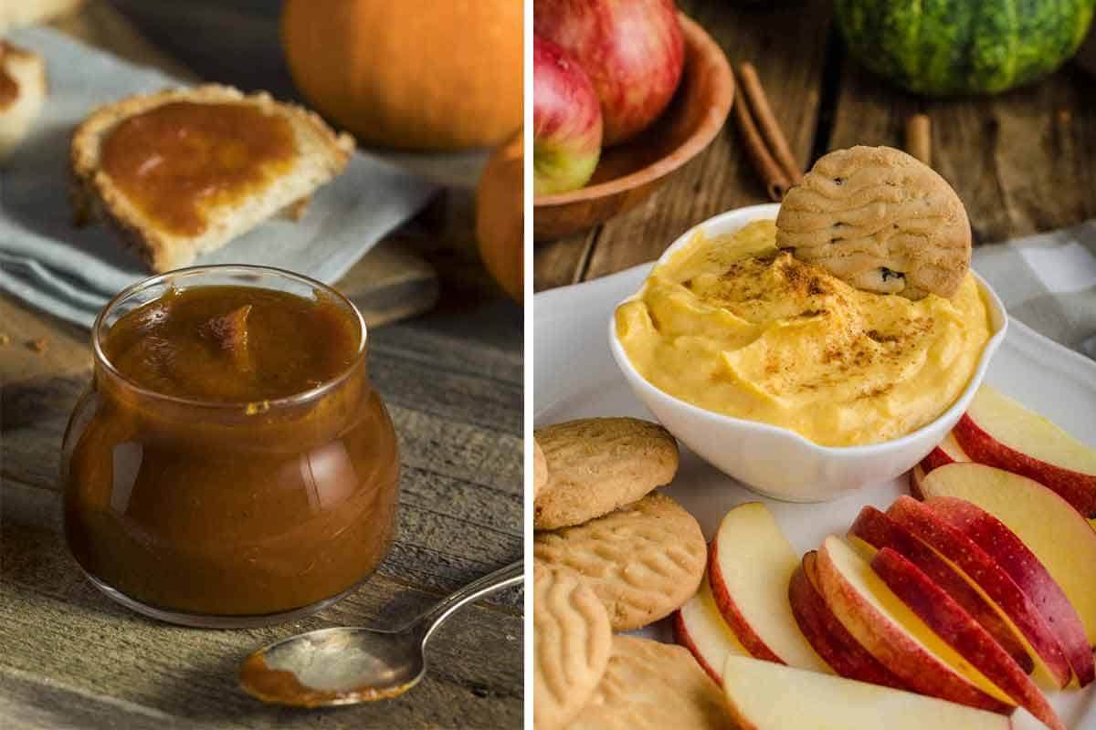 Side by side photos. One showing a jar of pumpkin butter with toasted bread and a pumpkin in the background. The other showing a bowl of pumpkin dip on a platter with cookies and sliced apples for dipping.