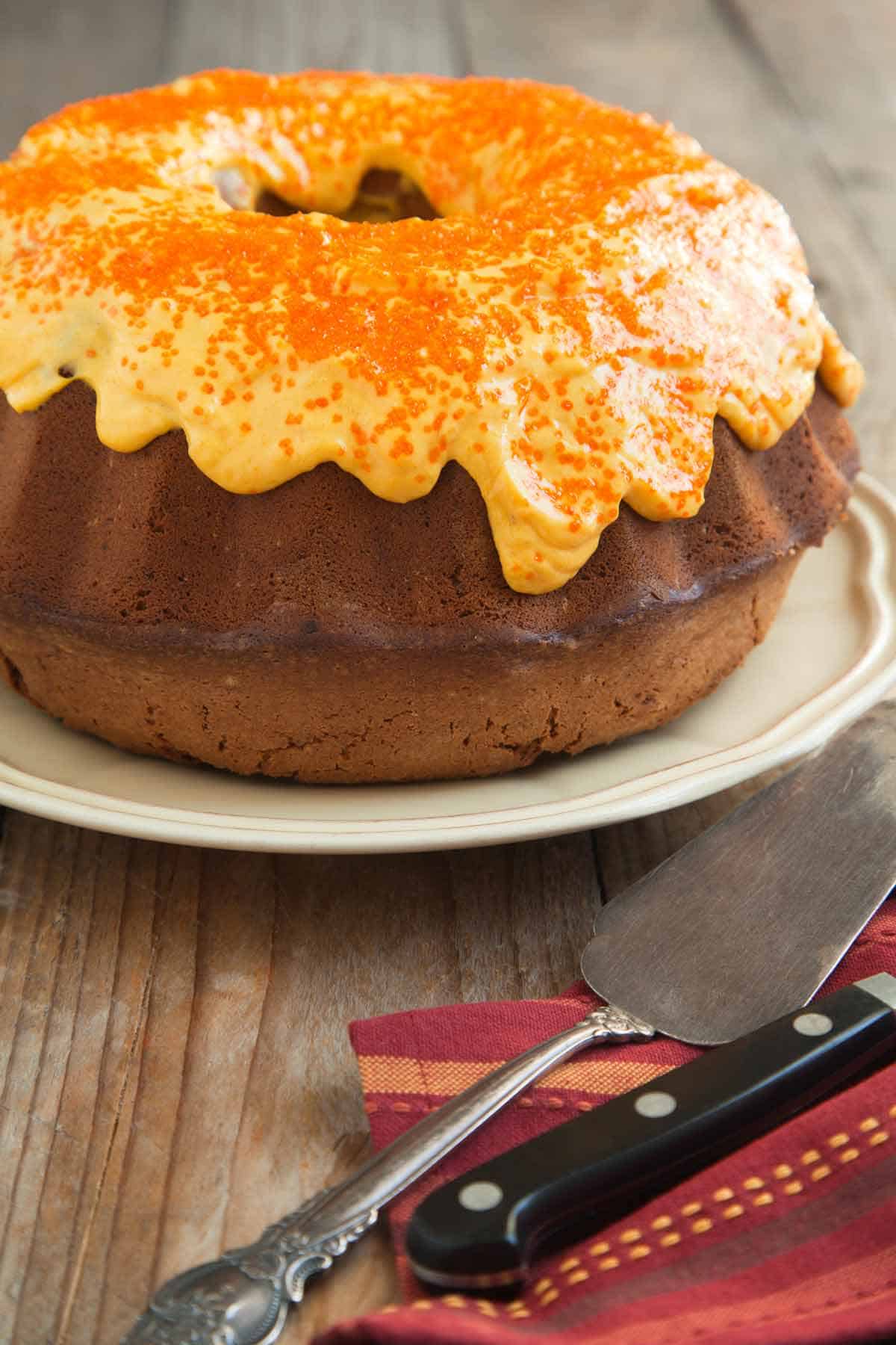 Bundt cake with chocolate ganache.