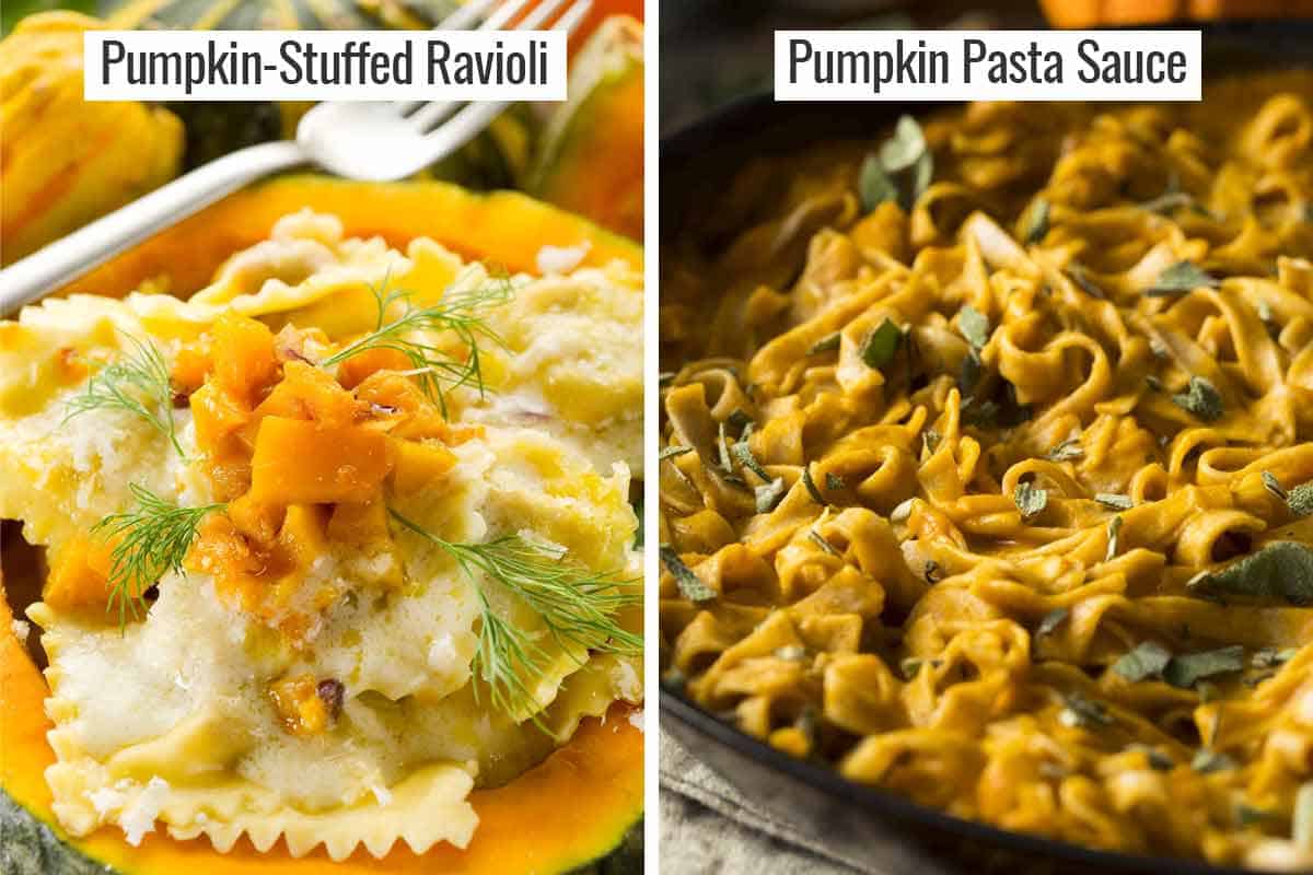 Side by side photos. One showing pumpkin-stuffed ravioli and one showing a bowl of pasta with pumpkin sauce.