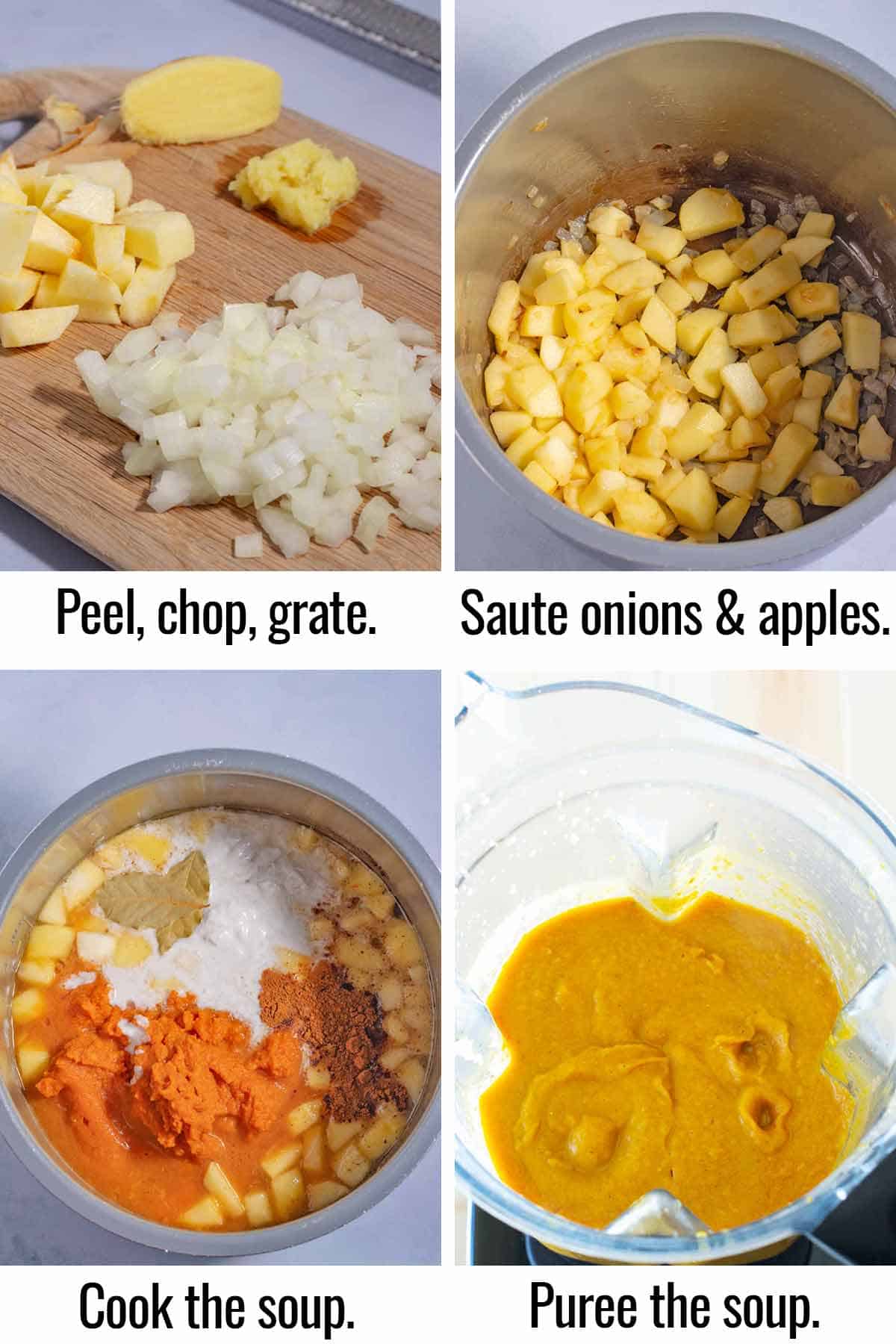 Step by step directions to make pumpkin soup with apple and ginger.