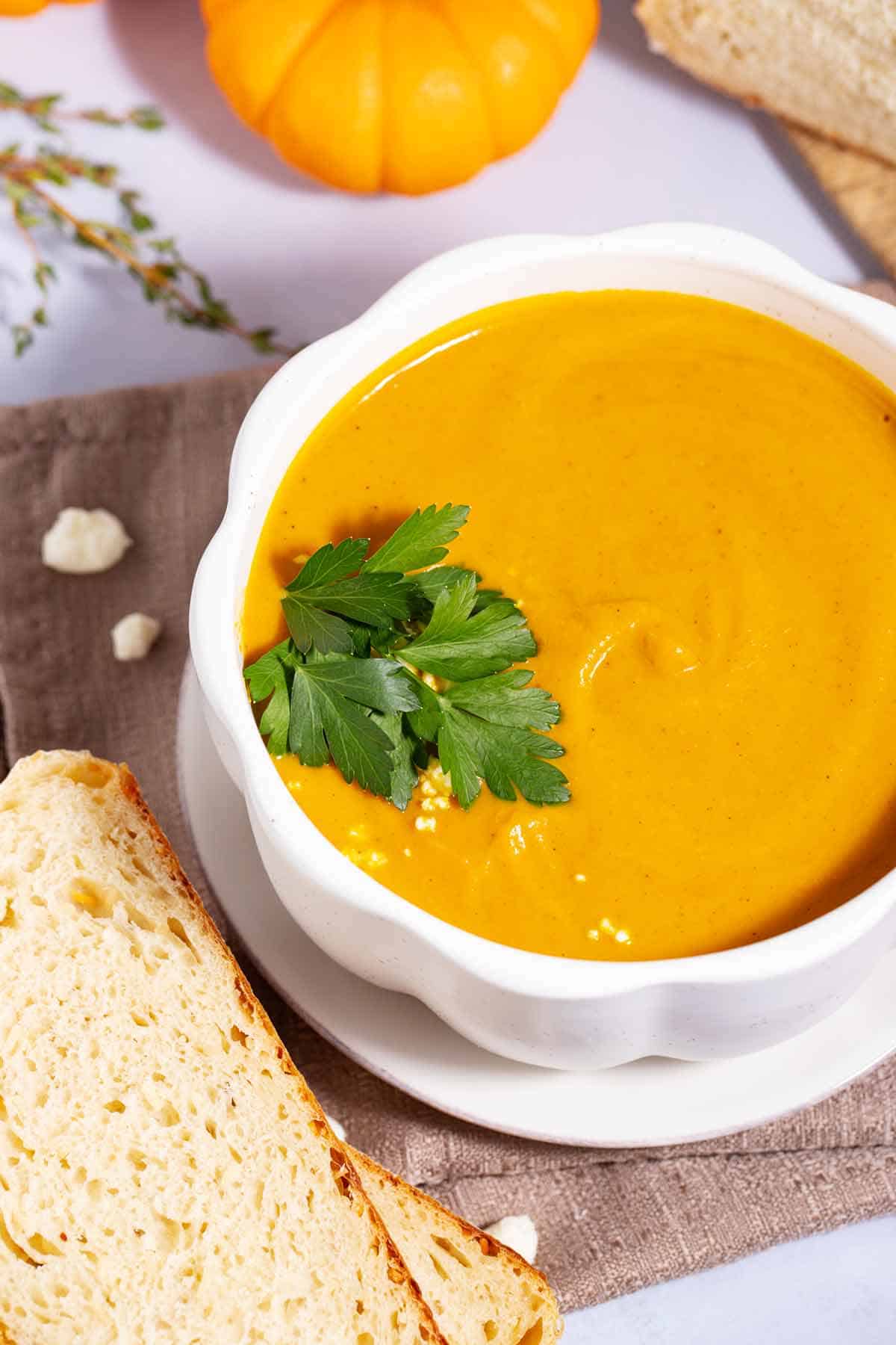 Pumpkin soup with crusty bread.