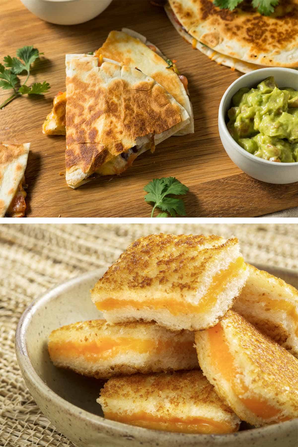 Quesadillas and grilled cheese sandwiches.