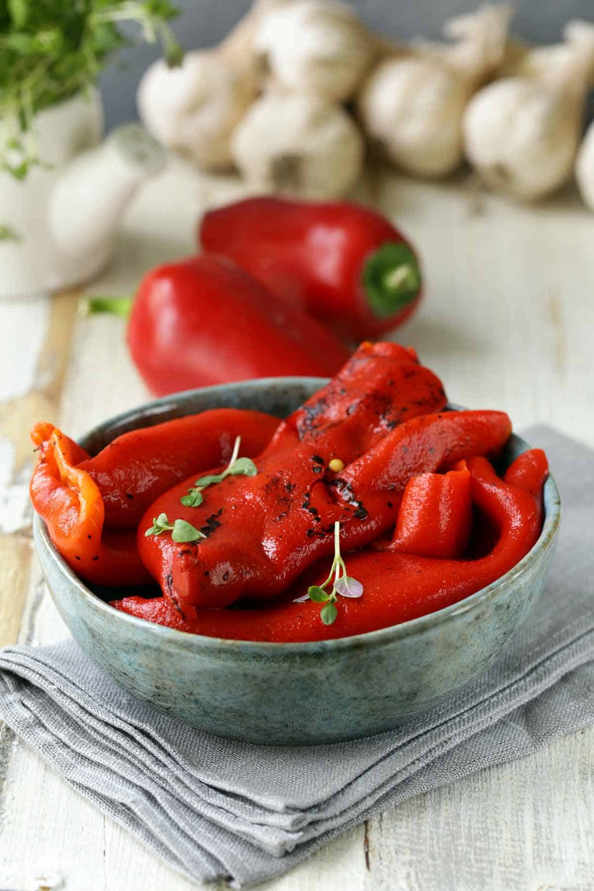 Bowl of roasted red peppers.