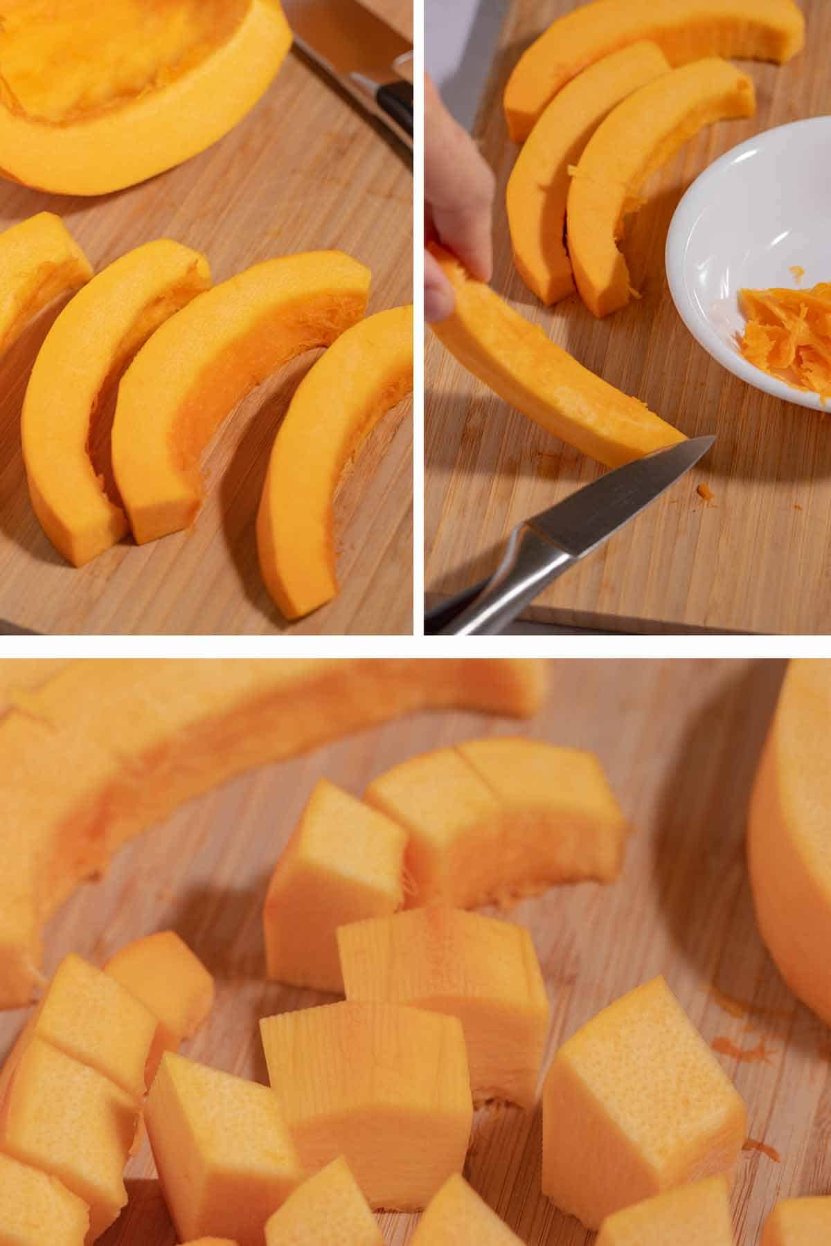 Three progression shots showing slicing and cubing the peeled pumpkin.