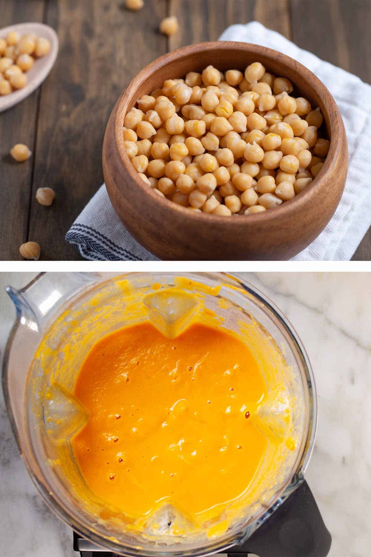 Bowl of cooked chickpeas and a blender with blended chickpeas and pumpkin soup.