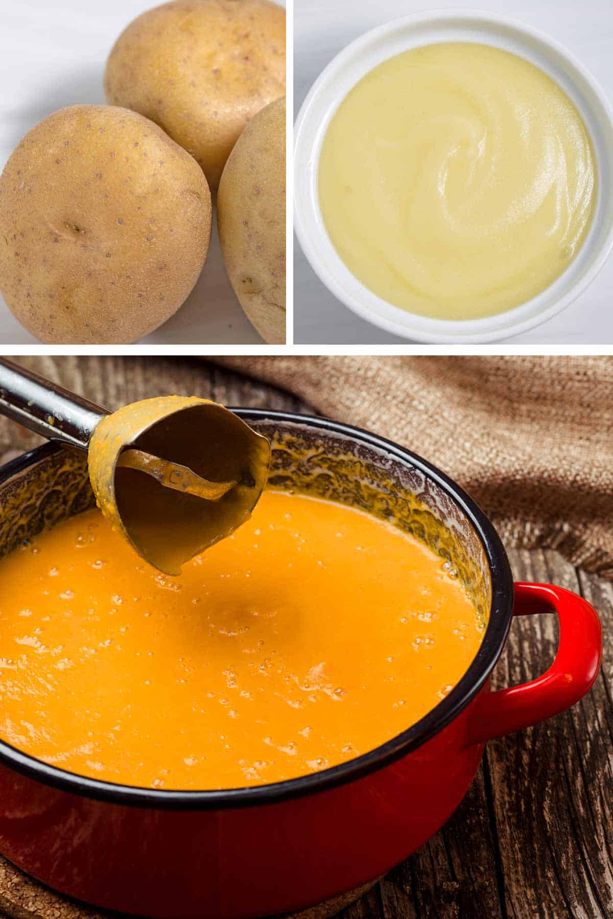 Raw potatoes, potato puree, and a pan of pumpkin soup. The pureed potates were blended into the pumpkin soup with an immersion blender.