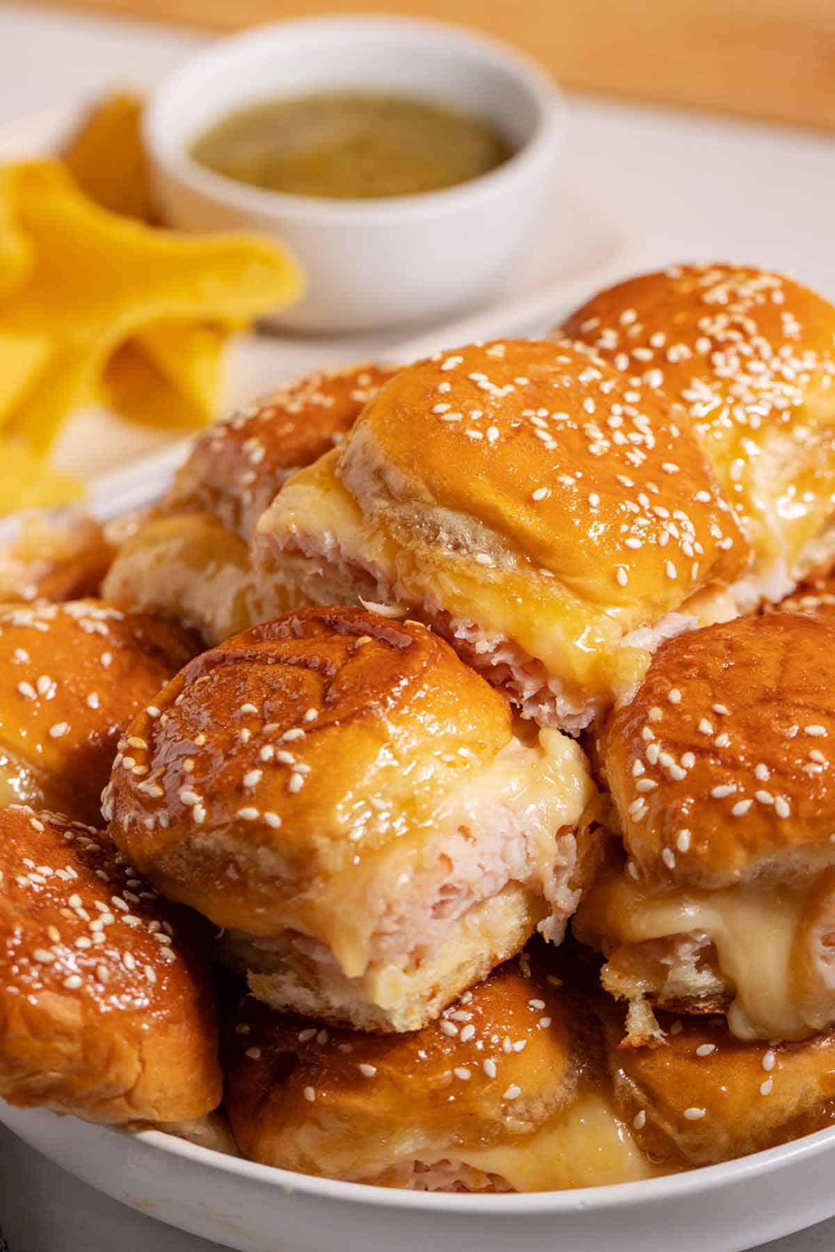 Plate of turkey sliders with brown sugar mustard glaze.