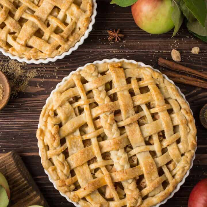 Two apple pies with lattice crust.